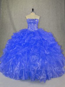 Colorful Blue Quinceanera Gown Sweet 16 and Quinceanera with Beading and Ruffles Strapless Sleeveless Lace Up