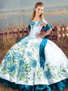 Dazzling Blue And White Sleeveless Floor Length Embroidery and Ruffles Lace Up Quinceanera Dresses