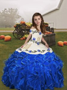 Sleeveless Floor Length Embroidery and Ruffles Lace Up Little Girls Pageant Gowns with Royal Blue
