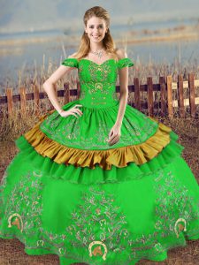 Inexpensive Off The Shoulder Sleeveless Quince Ball Gowns Floor Length Embroidery Green Satin