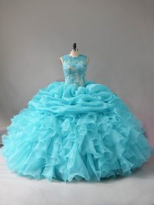 Super Floor Length Aqua Blue Sweet 16 Dresses Organza Sleeveless Appliques and Ruffles and Pick Ups