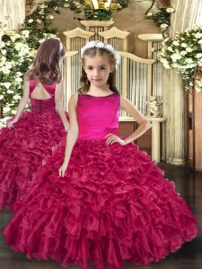 Fuchsia Ball Gowns Scoop Sleeveless Organza Floor Length Lace Up Ruffles Child Pageant Dress