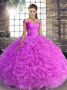 Traditional Lilac Lace Up Off The Shoulder Beading 15th Birthday Dress Fabric With Rolling Flowers Sleeveless