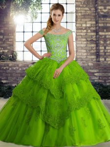 Most Popular Sleeveless Beading and Lace Lace Up Quinceanera Dresses with Green Brush Train