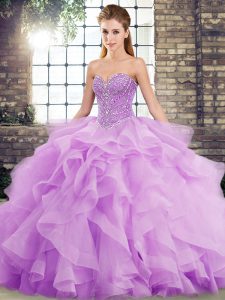 Lavender Quince Ball Gowns Military Ball and Sweet 16 and Quinceanera with Beading and Ruffles Sweetheart Sleeveless Brush Train Lace Up