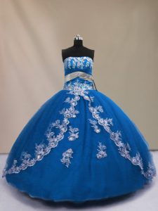 Strapless Sleeveless Sweet 16 Dresses Floor Length Appliques Blue Tulle
