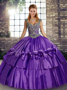 Sophisticated Floor Length Purple Sweet 16 Dress Taffeta Sleeveless Beading and Ruffled Layers