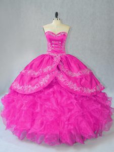 Custom Design Fuchsia Ball Gowns Sweetheart Sleeveless Organza Floor Length Lace Up Embroidery and Ruffles 15 Quinceanera Dress