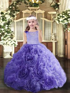 Lavender Ball Gowns Fabric With Rolling Flowers Scoop Sleeveless Beading Floor Length Lace Up Little Girls Pageant Dress