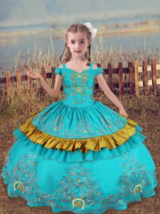 Aqua Blue Pageant Dresses Wedding Party with Beading and Embroidery Off The Shoulder Sleeveless Lace Up