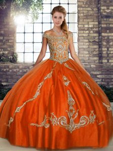 Off The Shoulder Sleeveless Lace Up Quince Ball Gowns Orange Red Tulle