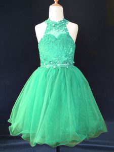 Fashion Green Sleeveless Beading and Lace Mini Length Kids Pageant Dress