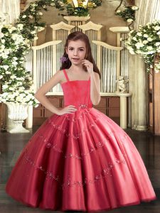 Low Price Coral Red Ball Gowns Beading Kids Pageant Dress Lace Up Tulle Sleeveless Floor Length