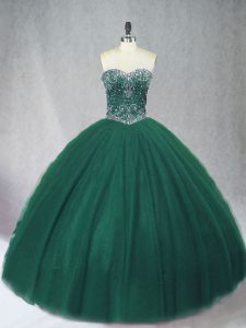 Flirting Dark Green Tulle Lace Up 15th Birthday Dress Sleeveless Floor Length Beading