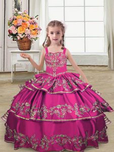 Charming Fuchsia Straps Neckline Embroidery and Ruffled Layers Pageant Gowns For Girls Sleeveless Lace Up