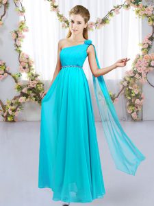 Excellent Floor Length Lace Up Quinceanera Court Dresses Aqua Blue for Wedding Party with Beading and Hand Made Flower