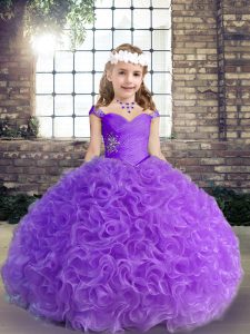 Beauteous Purple Sleeveless Floor Length Beading and Ruching Pageant Dress Toddler