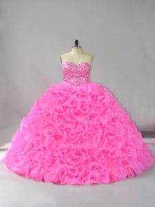 Adorable Hot Pink Sweetheart Lace Up Beading and Ruffles Ball Gown Prom Dress Sleeveless
