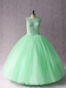 Hot Selling Floor Length Apple Green Quince Ball Gowns Scoop Sleeveless Lace Up