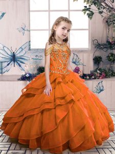 Fantastic High-neck Sleeveless Lace Up Pageant Dress for Teens Orange Red Organza