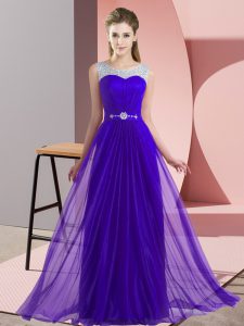 Empire Quinceanera Court of Honor Dress Purple Scoop Chiffon Sleeveless Floor Length Lace Up