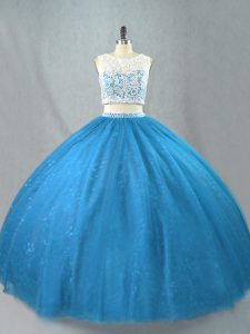 Blue Sleeveless Tulle Zipper Quinceanera Dresses for Sweet 16 and Quinceanera