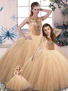 Sleeveless Tulle Floor Length Lace Up Sweet 16 Quinceanera Dress in Gold with Beading