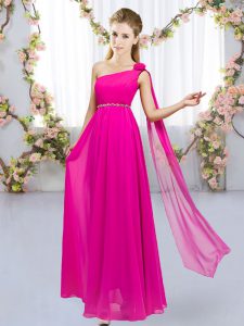 Delicate Sleeveless Chiffon Floor Length Lace Up Quinceanera Dama Dress in Hot Pink with Beading and Hand Made Flower