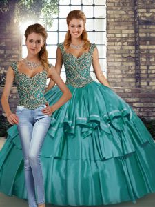 Custom Made Teal Two Pieces Taffeta Straps Sleeveless Beading and Ruffled Layers Floor Length Lace Up Sweet 16 Dress