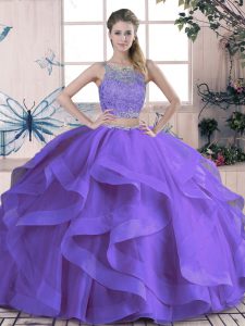 Captivating Scoop Sleeveless Ball Gown Prom Dress Floor Length Beading and Ruffles Purple Tulle