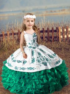 Smart Dark Green Sleeveless Embroidery and Ruffles Floor Length High School Pageant Dress