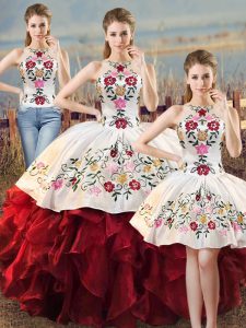 Fine Embroidery and Ruffles Sweet 16 Quinceanera Dress White And Red Lace Up Sleeveless Floor Length