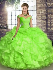 Charming Yellow Green Organza Lace Up Off The Shoulder Sleeveless Floor Length Sweet 16 Dress Beading and Ruffles