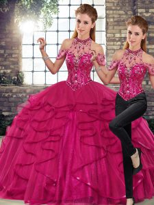 Spectacular Fuchsia Halter Top Neckline Beading and Ruffles Quinceanera Dresses Sleeveless Lace Up