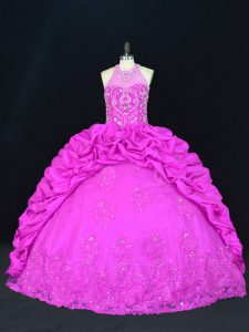 Spectacular Fuchsia Quinceanera Dresses Sweet 16 and Quinceanera with Beading and Appliques and Pick Ups Halter Top Sleeveless Lace Up