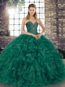 Flirting Green Organza Lace Up Quinceanera Dresses Sleeveless Floor Length Beading and Ruffles