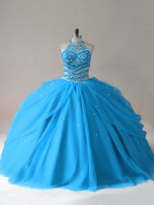 Enchanting Baby Blue Tulle Lace Up Quince Ball Gowns Sleeveless Floor Length Beading