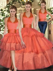 Fitting Orange Halter Top Neckline Ruffled Layers Quinceanera Gowns Sleeveless Lace Up