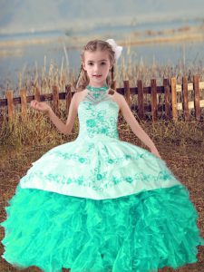 Beading and Embroidery and Ruffles Pageant Dress Turquoise Lace Up Sleeveless Floor Length