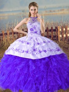 Best Selling Court Train Ball Gowns Sweet 16 Quinceanera Dress Blue Halter Top Organza Sleeveless Lace Up