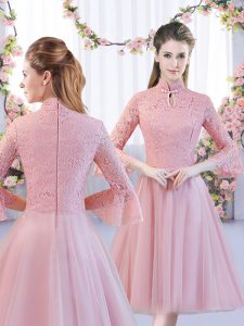 Noble High-neck 3 4 Length Sleeve Tulle Quinceanera Court of Honor Dress Lace Zipper