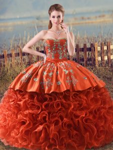 Sweet Fabric With Rolling Flowers Sweetheart Sleeveless Brush Train Lace Up Embroidery and Ruffles Quince Ball Gowns in Orange Red