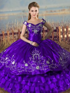 Purple Satin and Organza Lace Up Quinceanera Dresses Sleeveless Floor Length Embroidery and Ruffled Layers