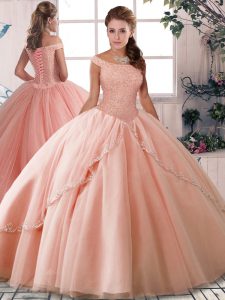 Custom Made Tulle Off The Shoulder Sleeveless Brush Train Lace Up Beading Quinceanera Gowns in Peach