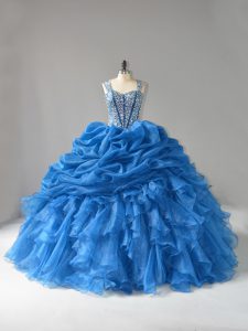 Exceptional Blue Straps Lace Up Beading and Ruffles Sweet 16 Quinceanera Dress Sleeveless
