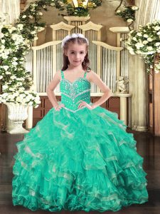 Modern Turquoise Straps Neckline Beading and Ruffles Pageant Gowns For Girls Sleeveless Lace Up