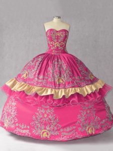 Luxurious Hot Pink Lace Up Quinceanera Dress Embroidery Sleeveless