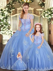 Sleeveless Tulle Floor Length Lace Up 15th Birthday Dress in Light Blue with Beading and Appliques