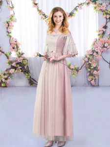 Floor Length Side Zipper Damas Dress Pink for Wedding Party with Lace and Belt