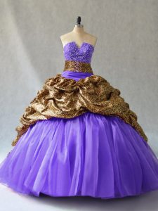 Inexpensive V-neck Sleeveless Quinceanera Dresses Brush Train Beading and Pick Ups Lavender Organza and Printed
